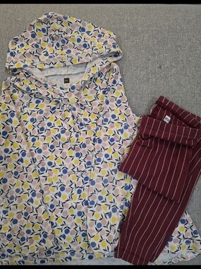 Tea Collection Floral Hooded Top and Burgundy Striped Pants Kids Matching Set